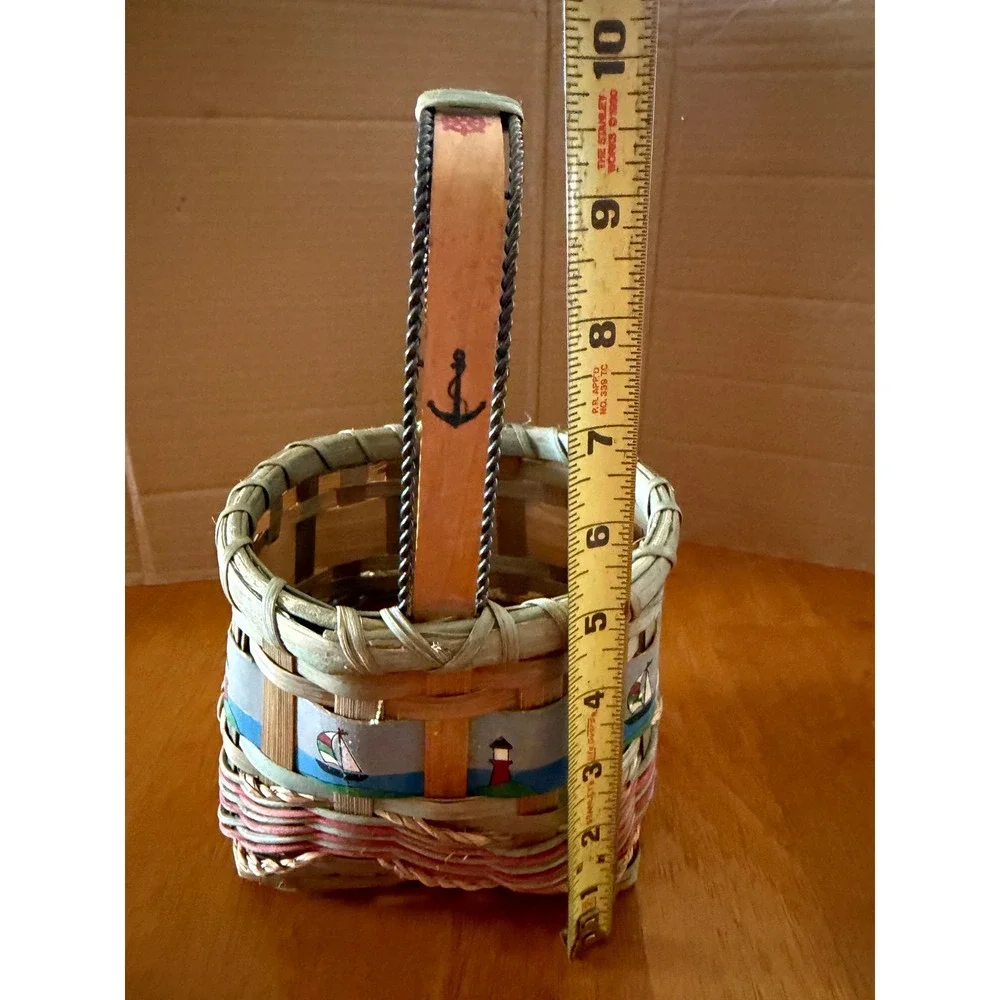 Nautical Woven Splint Basket Hand Painted Lighthouse Sailboat Anchor Decor